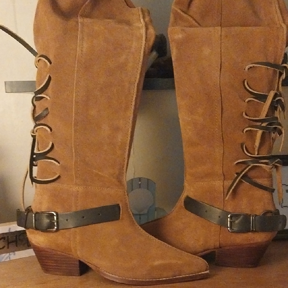 Tan Suede Heeled Boots with Buckle Straps